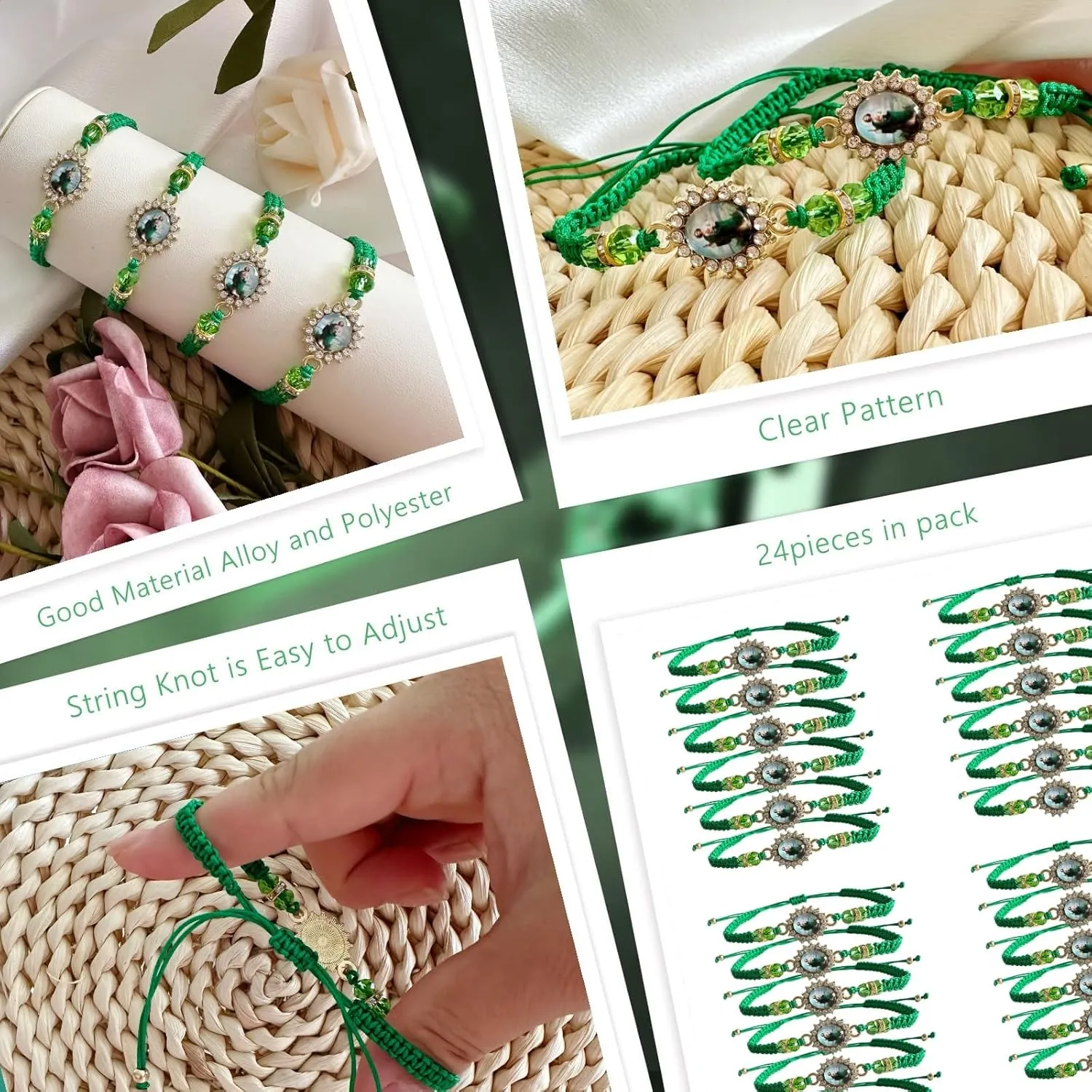 24PCS Virgin Mary BraceletsGreen Saint Jude bracelet Rosary Handmade Mexican bracelets,Virgen de Guadalupe Bracelet San Judas Tadeo Gift For Men Women