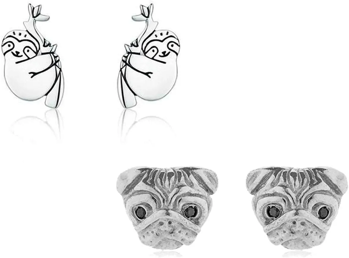 2Pairs Sloth Pug Shaped Earrings Dog Animals Stud Earring Cute Jewelry Funny Hypoallergenic Jewelries gift for Women Girls Daily Wear