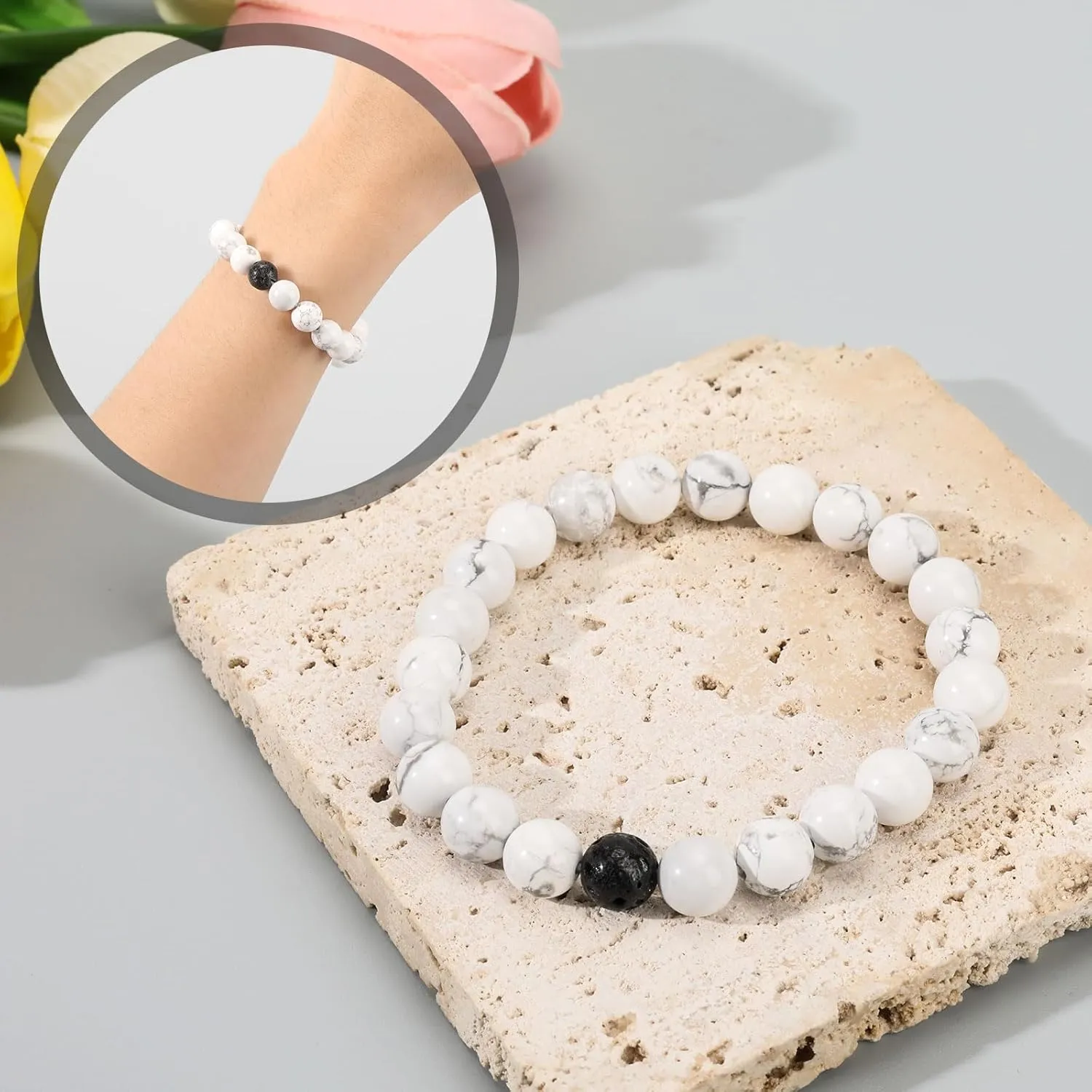 2Pcs Beaded Stretch Bracelets 8mm Round Gemstone Healing Crystal Stone Bracelet Gift for Women Man Couple Reiki Jewelry