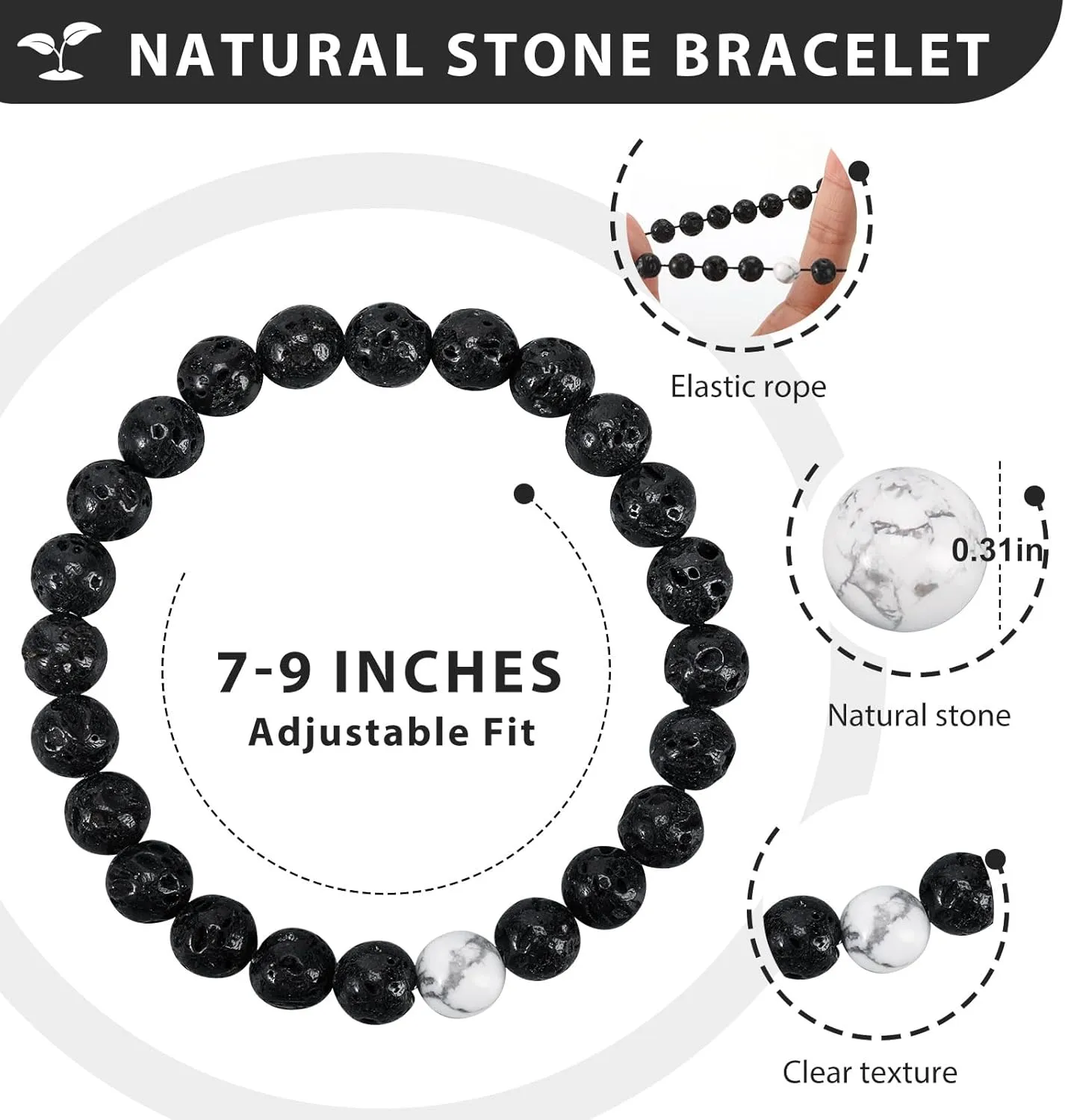 2Pcs Beaded Stretch Bracelets 8mm Round Gemstone Healing Crystal Stone Bracelet Gift for Women Man Couple Reiki Jewelry