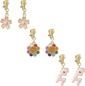 3 Pairs Cute Clip On Earrings for Women Non Piercing Floral Animal Smile Face Pendant Pink White Gold Small Dangle Drop Earrings Jewelry Gifts