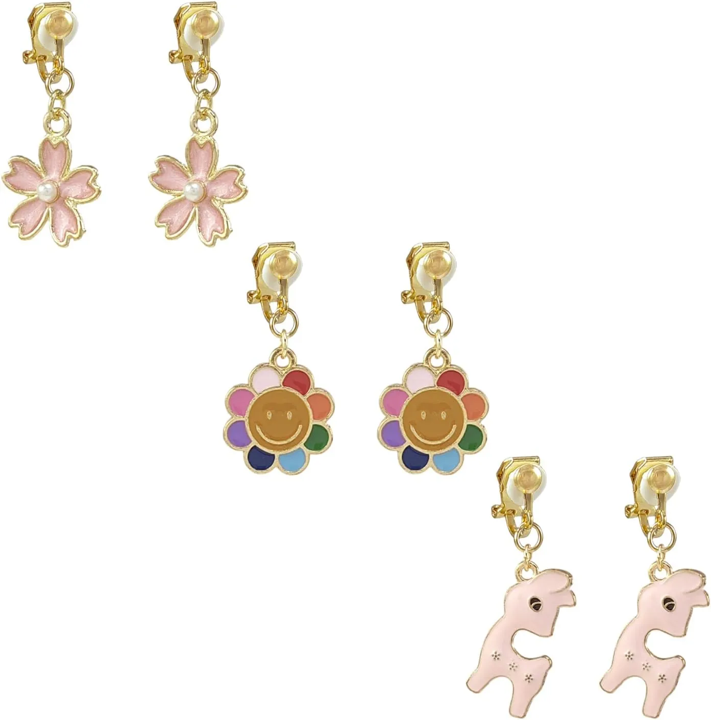 3 Pairs Cute Clip On Earrings for Women Non Piercing Floral Animal Smile Face Pendant Pink White Gold Small Dangle Drop Earrings Jewelry Gifts