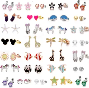 30 Pairs Kids Stud Earrings Set for Girls - Hypoallergenic Cute Little Animal teen Jewelry