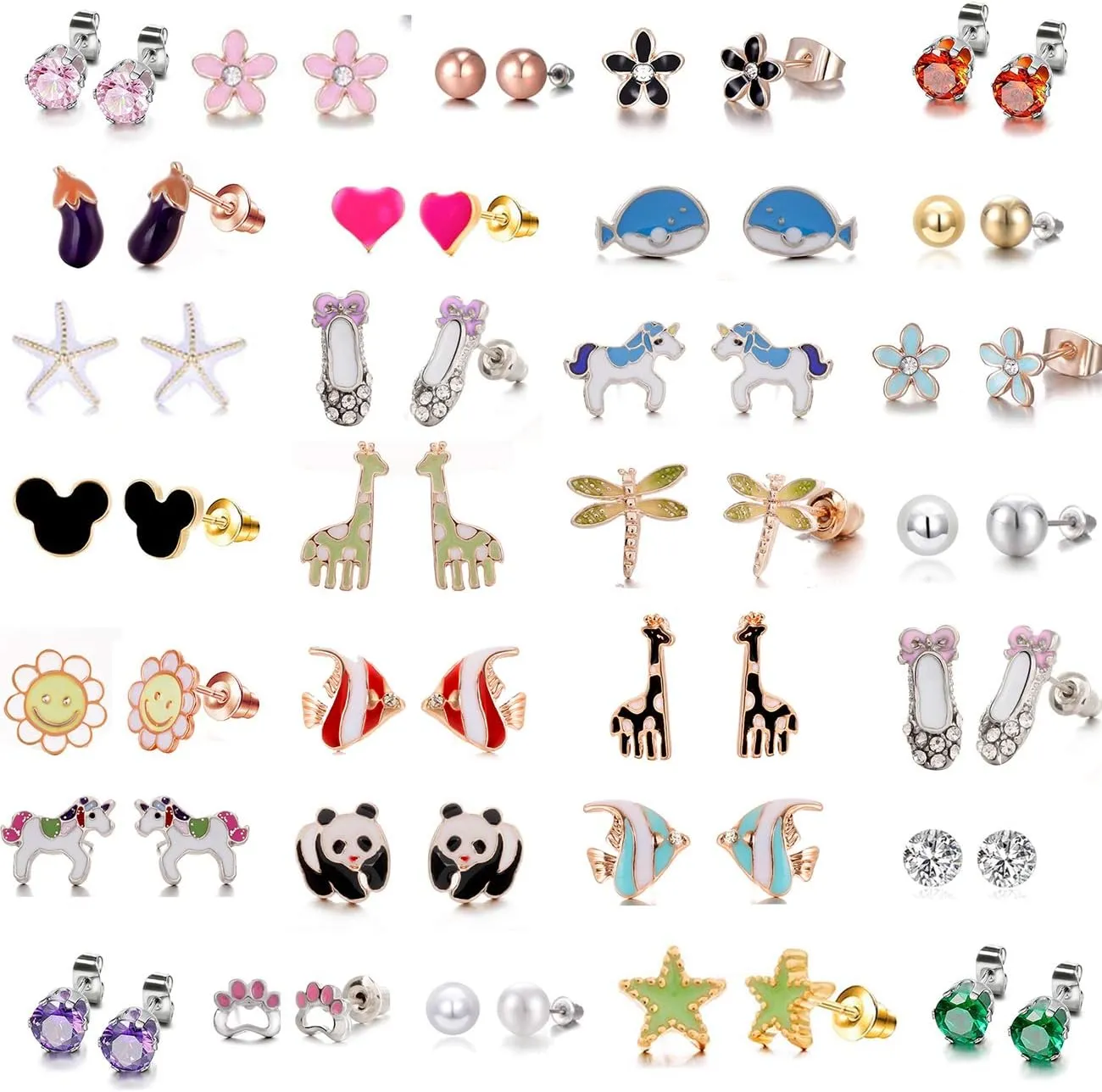 30 Pairs Kids Stud Earrings Set for Girls - Hypoallergenic Cute Little Animal teen Jewelry