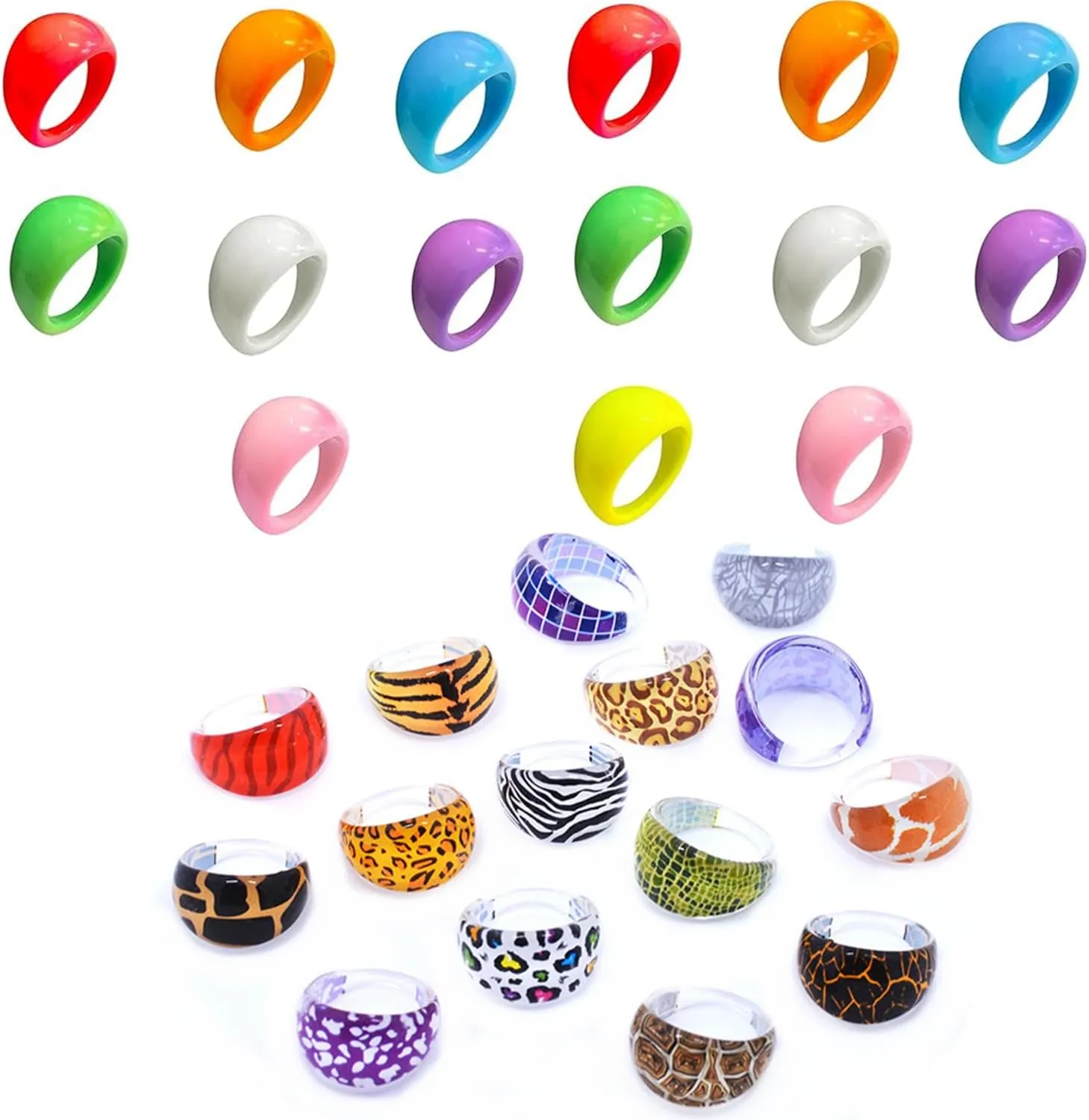 30 Pcs Resin Acrylic Plastic Knuckle Rings for Women, Leopard Print Chunky Trendy Colorful Stackable Jewelry, Statement Dome Thick Rings, Bulk Set