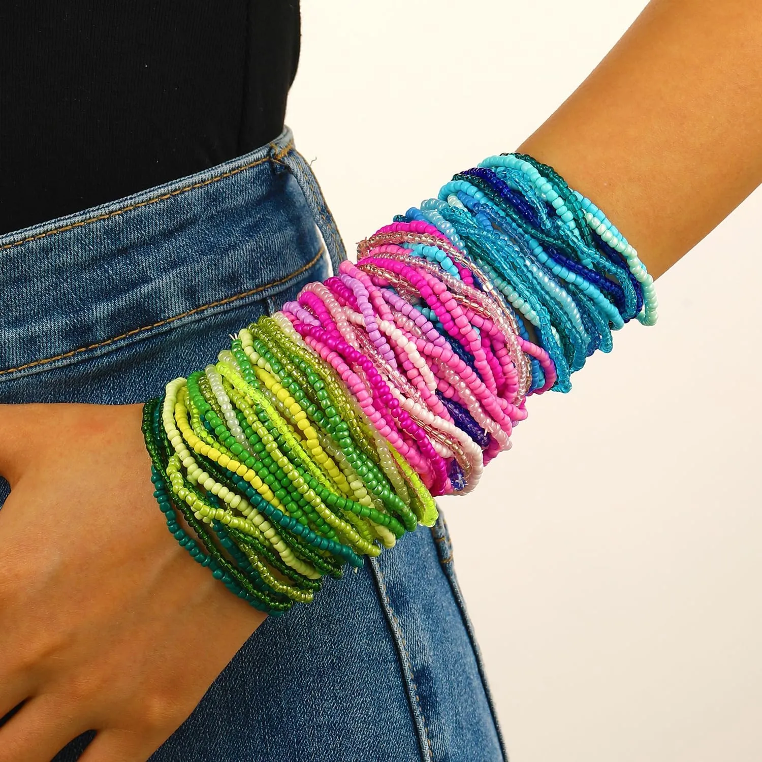 30Pcs Colorful Bohemia Seed Beaded Bracelets Rainbow Bead Stackable Stretch Bracelet Summer Beach Boho Jewelry