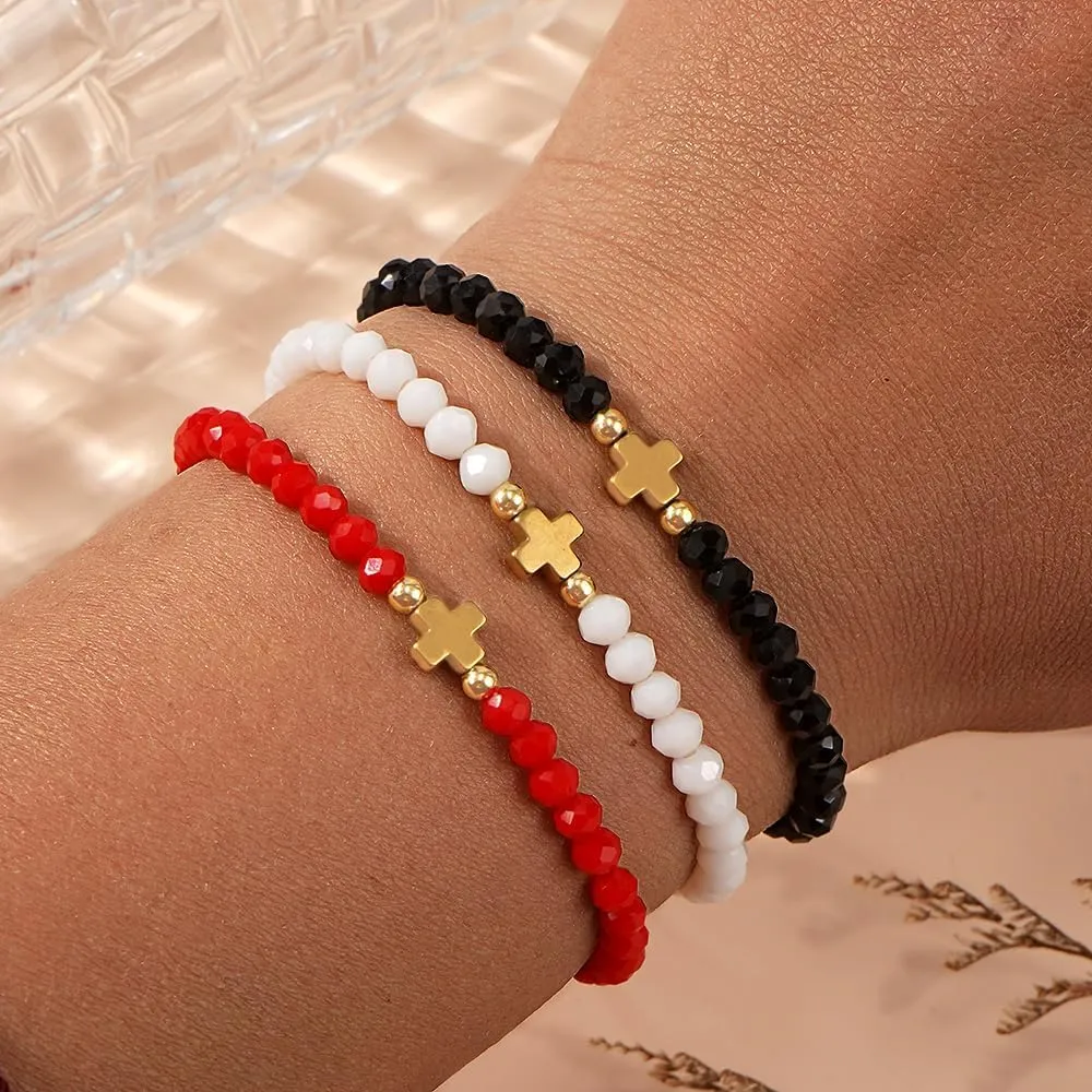 3PCS Dainty Cross Heart Gold Plated Beaded Stackable Bracelet for Women,Handmade Boho Colorful Rice Beads Adjustable Statement Minimalism Jewelry Gift