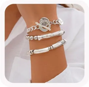 3Pcs Silver Stacked Beaded Bracelets Set Trendy Stretch Elastic Round Beaded Ball Tube Chunky Link Bracelets Layered OT Clasp Cuban Chain Bracelets Dainty Jewelry for Women
