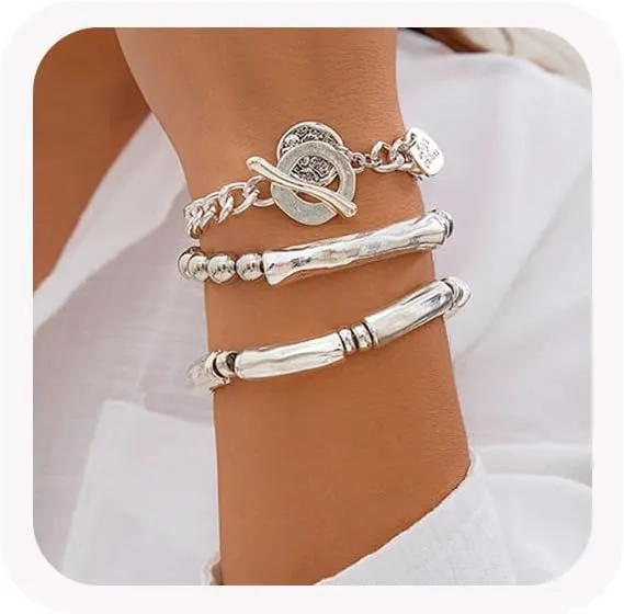 3Pcs Silver Stacked Beaded Bracelets Set Trendy Stretch Elastic Round Beaded Ball Tube Chunky Link Bracelets Layered OT Clasp Cuban Chain Bracelets Dainty Jewelry for Women