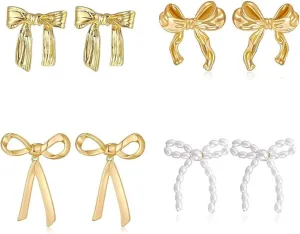 4 Pairs Bow Earrings for Women Classic Ribbon Bow Stud Earrings Gold Bow Dangle Earrings for Women