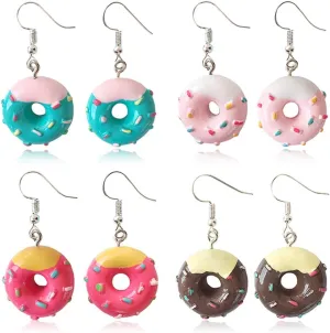 4 Pairs Unique Fashion Chic Donut Dangle Earrings Charm Imitate Resin Food Drop Earrings Set For Women Girls Statement Jewellery Gifts