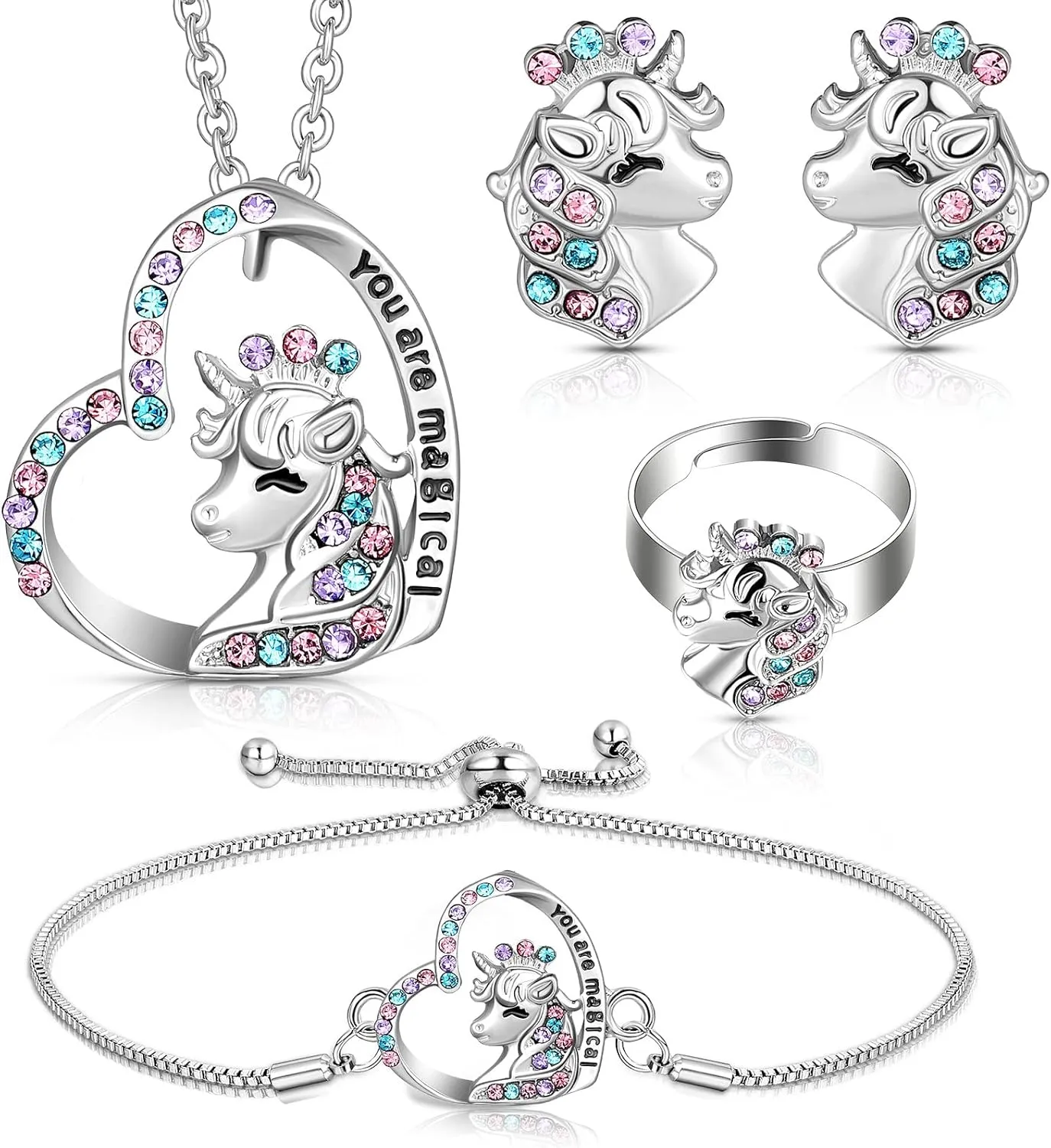 4 Pcs Girls Unicorn Jewelry Set Unicorn Necklace Bracelet Ring Stud Earrings for Kids Rainbow Jewelry