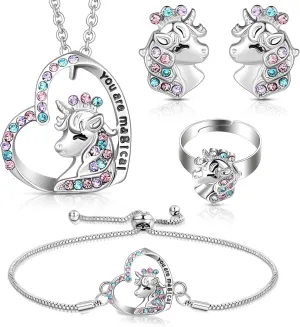 4 Pcs Girls Unicorn Jewelry Set Unicorn Necklace Bracelet Ring Stud Earrings for Kids Rainbow Jewelry