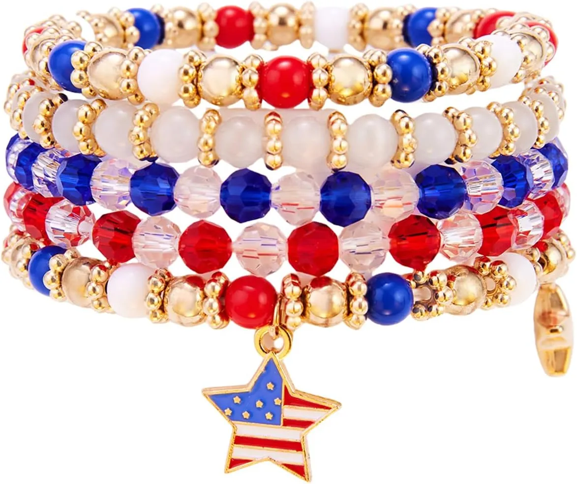 4th of July Bracelets for Women American Flag Patriotic Bracelet Set Red White Blue Independence Day Beaded Bracelets Boho Stretch Beads Bracelets USA Heishi Surfer Charm Bracelet Summer Beach Bracelets Jewelry