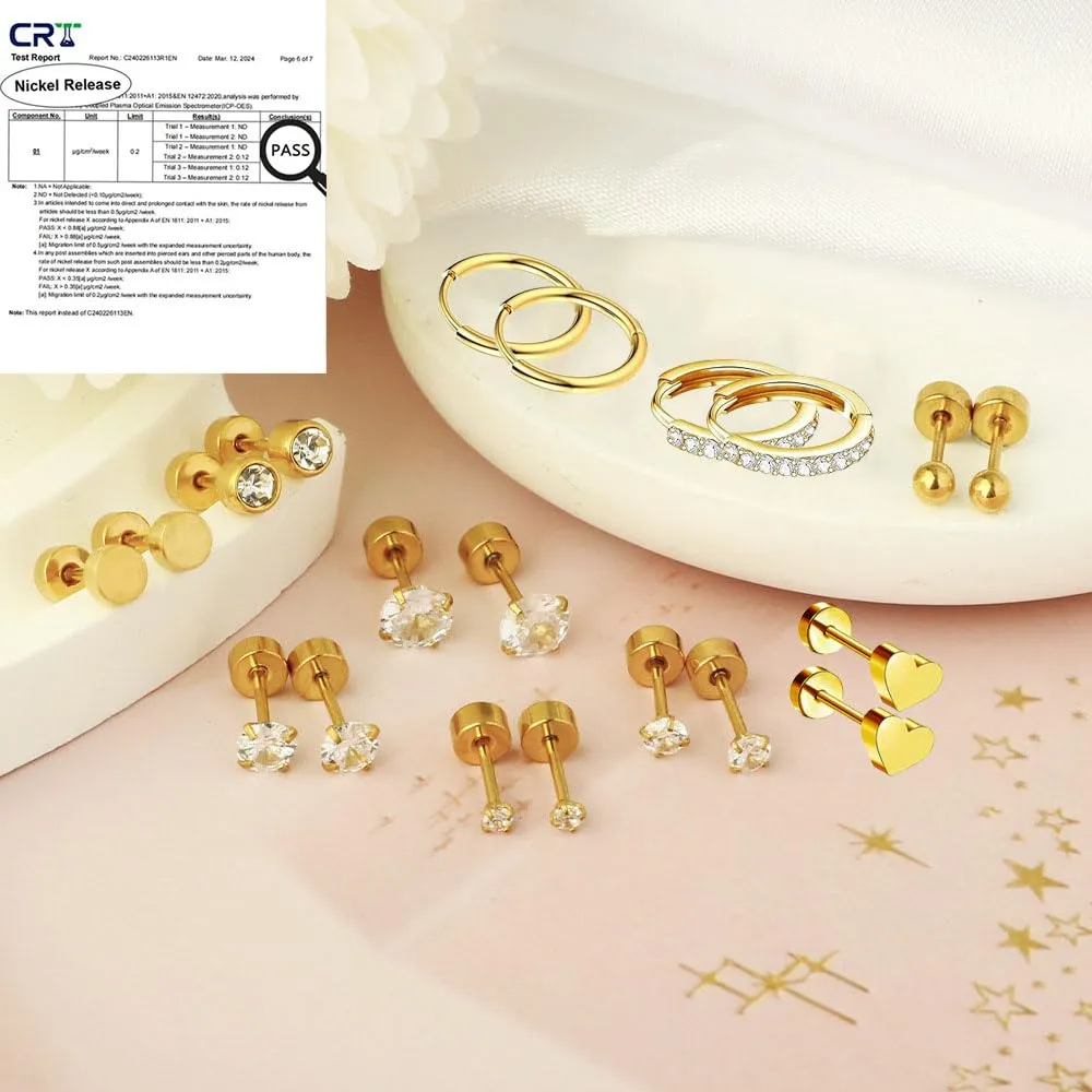 5 Pairs Flat Back Stud Earrings Hypoallergenic Surgical Steel Earrings for Sensitive Ears 14K Gold Flat Back Earrings for Women Men, Flatback Stud Hoop Cartilage Earring Set for Multiple Piercing