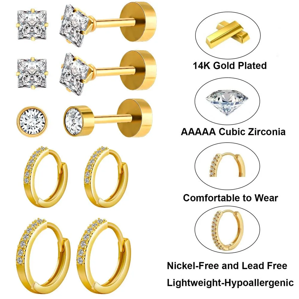 5 Pairs Flat Back Stud Earrings Hypoallergenic Surgical Steel Earrings for Sensitive Ears 14K Gold Flat Back Earrings for Women Men, Flatback Stud Hoop Cartilage Earring Set for Multiple Piercing