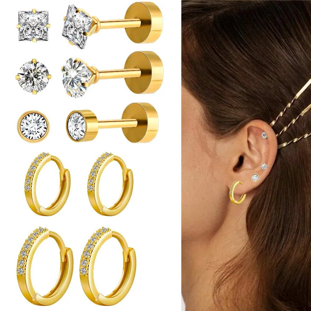 5 Pairs Flat Back Stud Earrings Hypoallergenic Surgical Steel Earrings for Sensitive Ears 14K Gold Flat Back Earrings for Women Men, Flatback Stud Hoop Cartilage Earring Set for Multiple Piercing