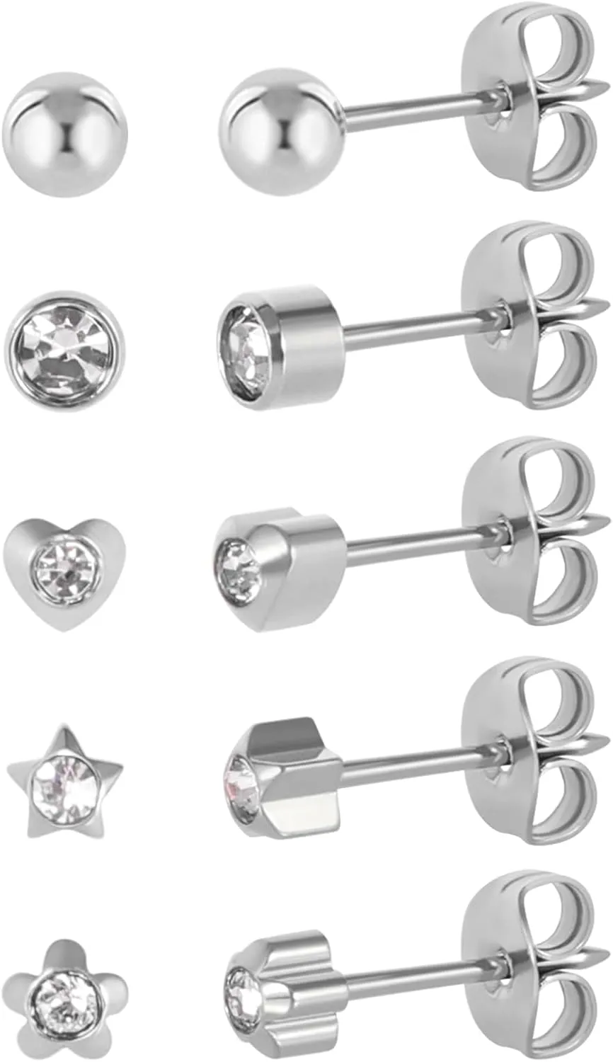5 Pairs G23 Titanium Ear Piercing Stud Earrings for Sensitive Ears, Cubic Zirconia Stud Earrings Set for Ear Piercing Guns