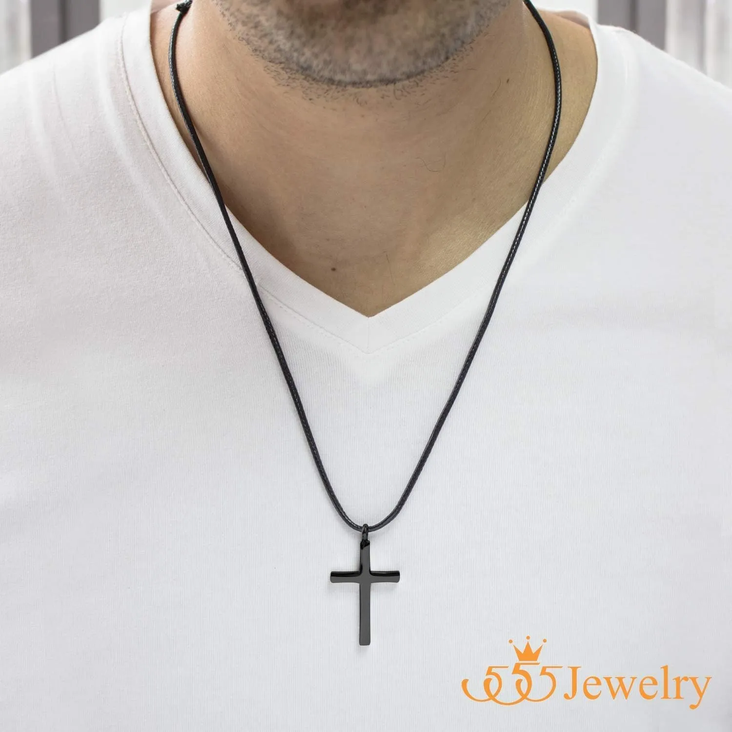555Jewelry Stainless Steel Cross Necklace for Men - Cross Pendant with 18 Inch Adjustable Black Rope Cord - Mens Cross Necklaces