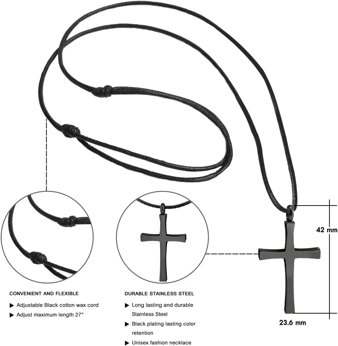 555Jewelry Stainless Steel Cross Necklace for Men - Cross Pendant with 18 Inch Adjustable Black Rope Cord - Mens Cross Necklaces