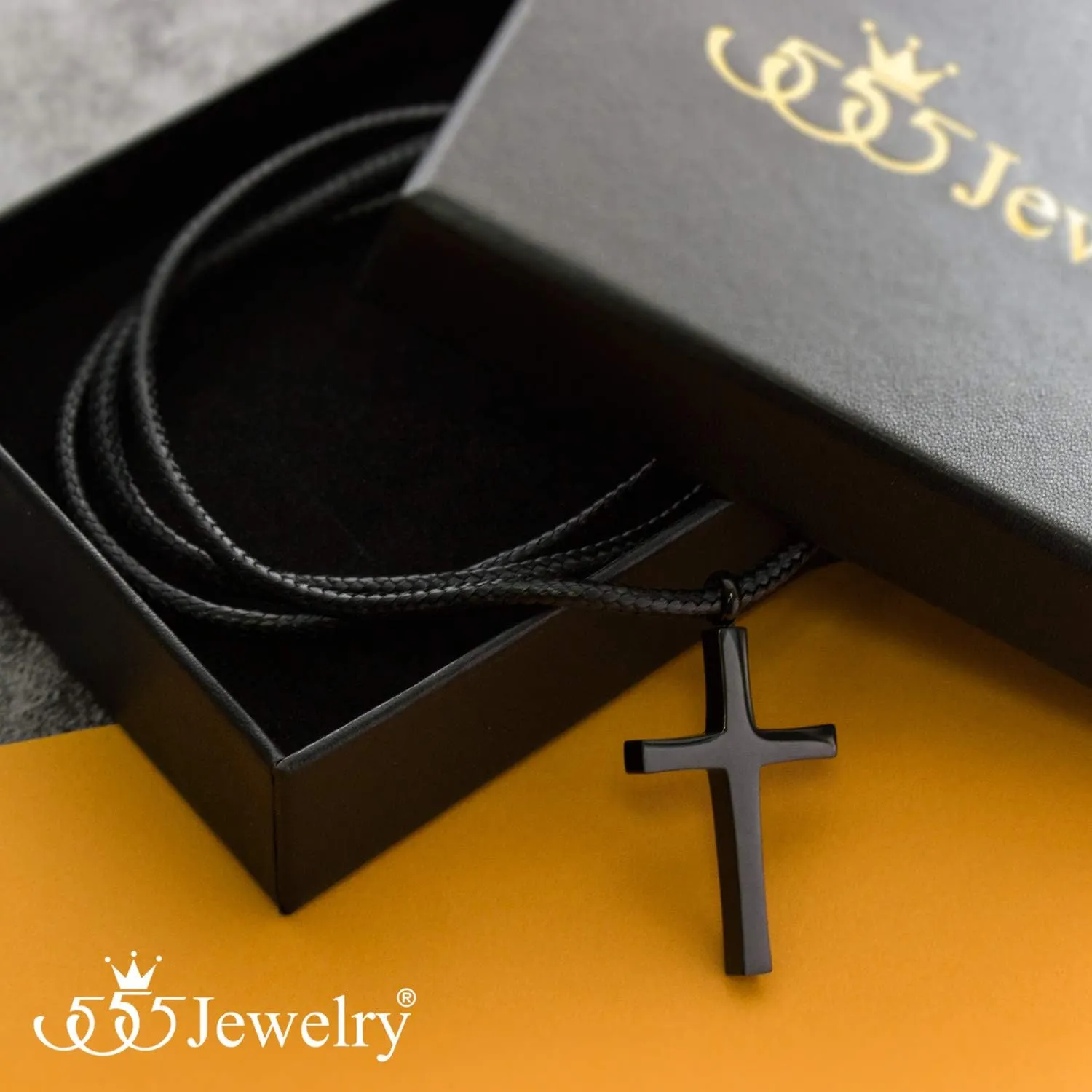 555Jewelry Stainless Steel Cross Necklace for Men - Cross Pendant with 18 Inch Adjustable Black Rope Cord - Mens Cross Necklaces