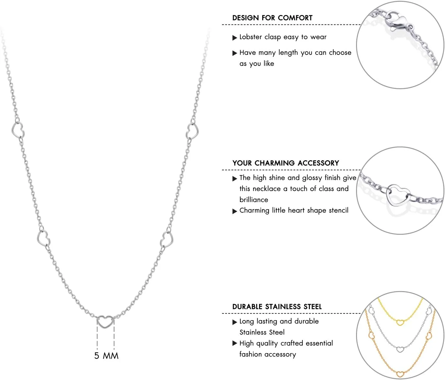 555Jewelry Womens Stainless Steel Mini Multi Heart Love Dainty Chain Necklace