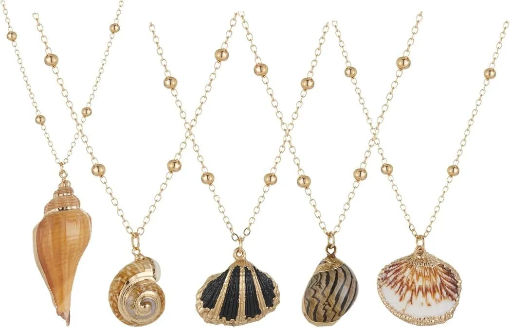 5Pcs Natural Beach Seashell Necklace, Conch Shell Pendant Necklace for Women, Inlaid with Gold-Rimmed Adjustable Seashell Jewelry Gifts, Dainty Shell Necklaces for Women