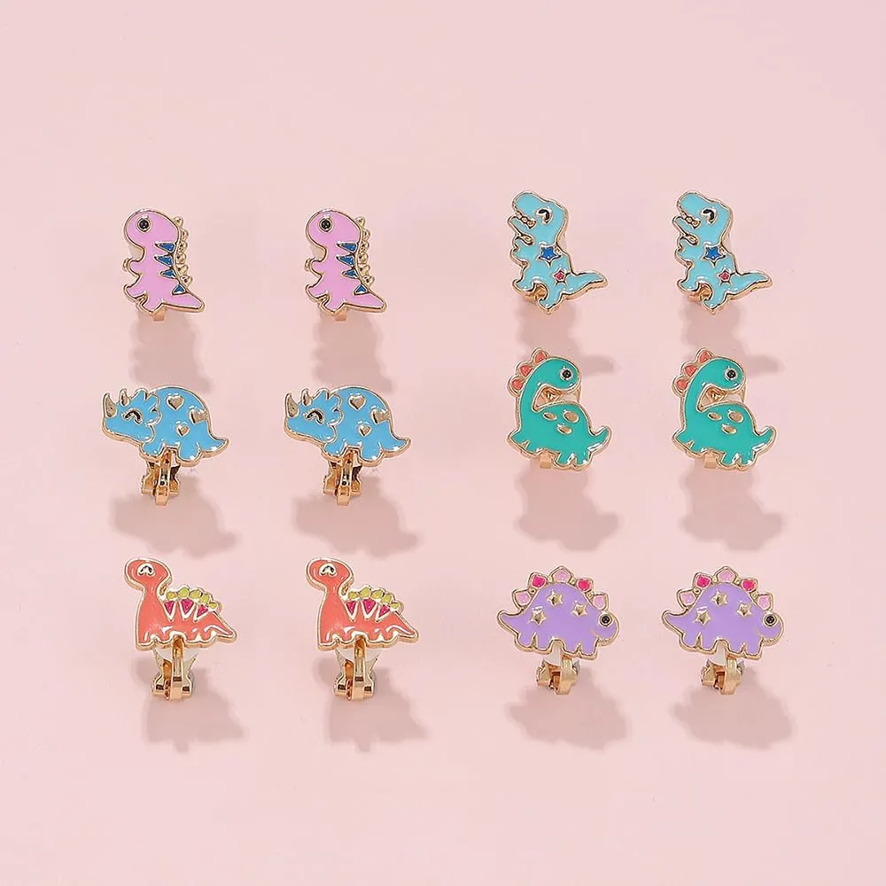 6 Pairs Cute Dinosaur Cat Clip on Earrings for Women Funny Enamel Animals Harajuku Non Piercing Fake Stud Earrings Set
