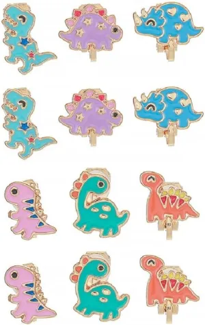 6 Pairs Cute Dinosaur Cat Clip on Earrings for Women Funny Enamel Animals Harajuku Non Piercing Fake Stud Earrings Set
