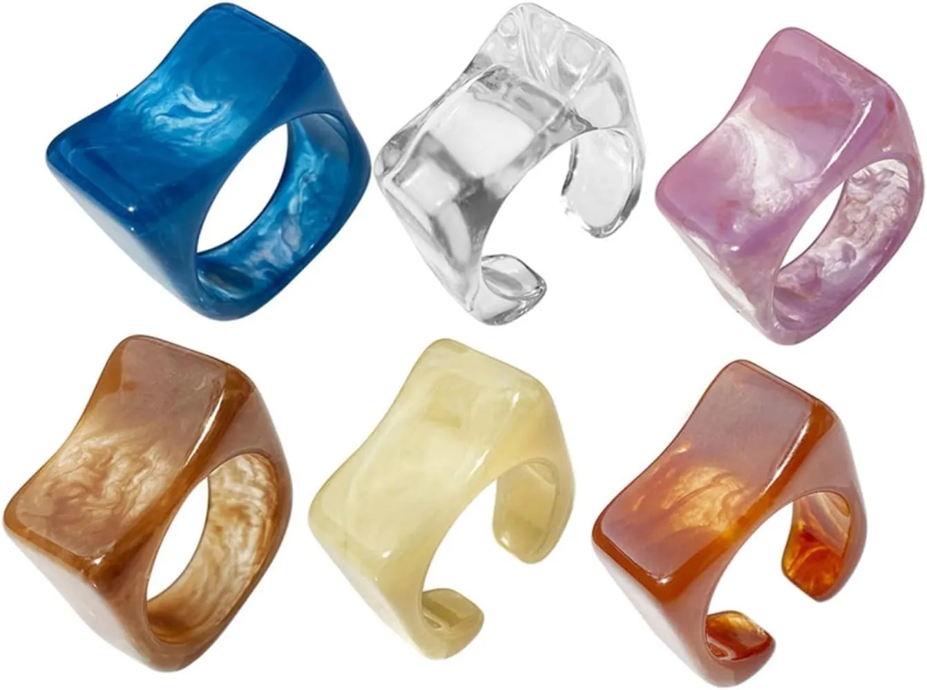 6 Pcs Colorful Resin Rings Set for Women,Wide Thick Geometry Knuckle Finger Rings Trendy Stackable Plastic Resin Square Chunky Ring Set Jewelry Gifts