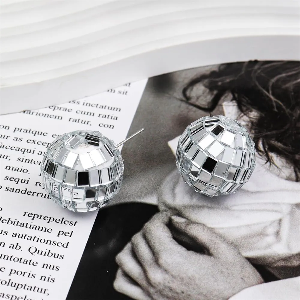 60'S 70'S Silver Mirror Disco Ball Drop Dangle Earrings Hook Chain Cool Punk for Women Classic Dance Party Halloween Costume Jewelry