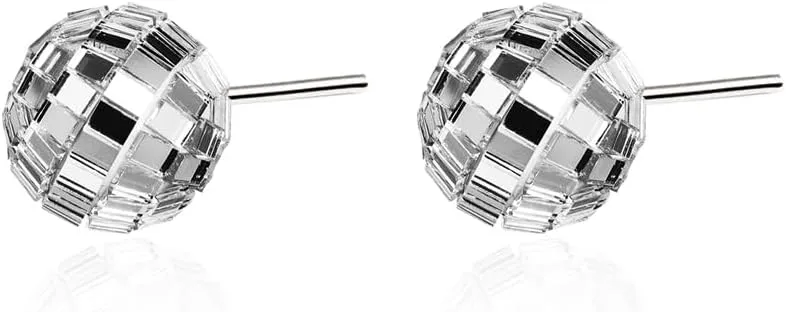 60'S 70'S Silver Mirror Disco Ball Drop Dangle Earrings Hook Chain Cool Punk for Women Classic Dance Party Halloween Costume Jewelry