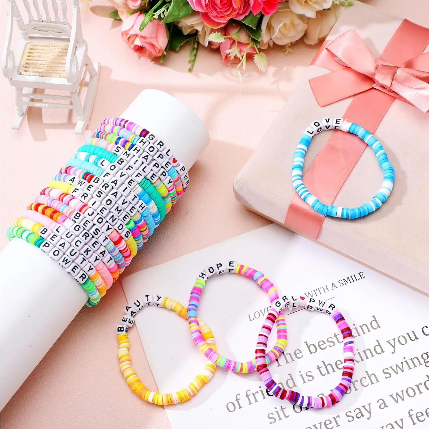 64 Pcs Friendship Bracelets Bulk Women Beaded Heishi Surfer Inspirational Stackable Bracelets Stretch Vinyl Disc Beaded for Friend Gifts Valentines Day