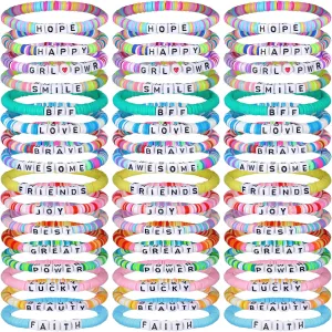 64 Pcs Friendship Bracelets Bulk Women Beaded Heishi Surfer Inspirational Stackable Bracelets Stretch Vinyl Disc Beaded for Friend Gifts Valentines Day