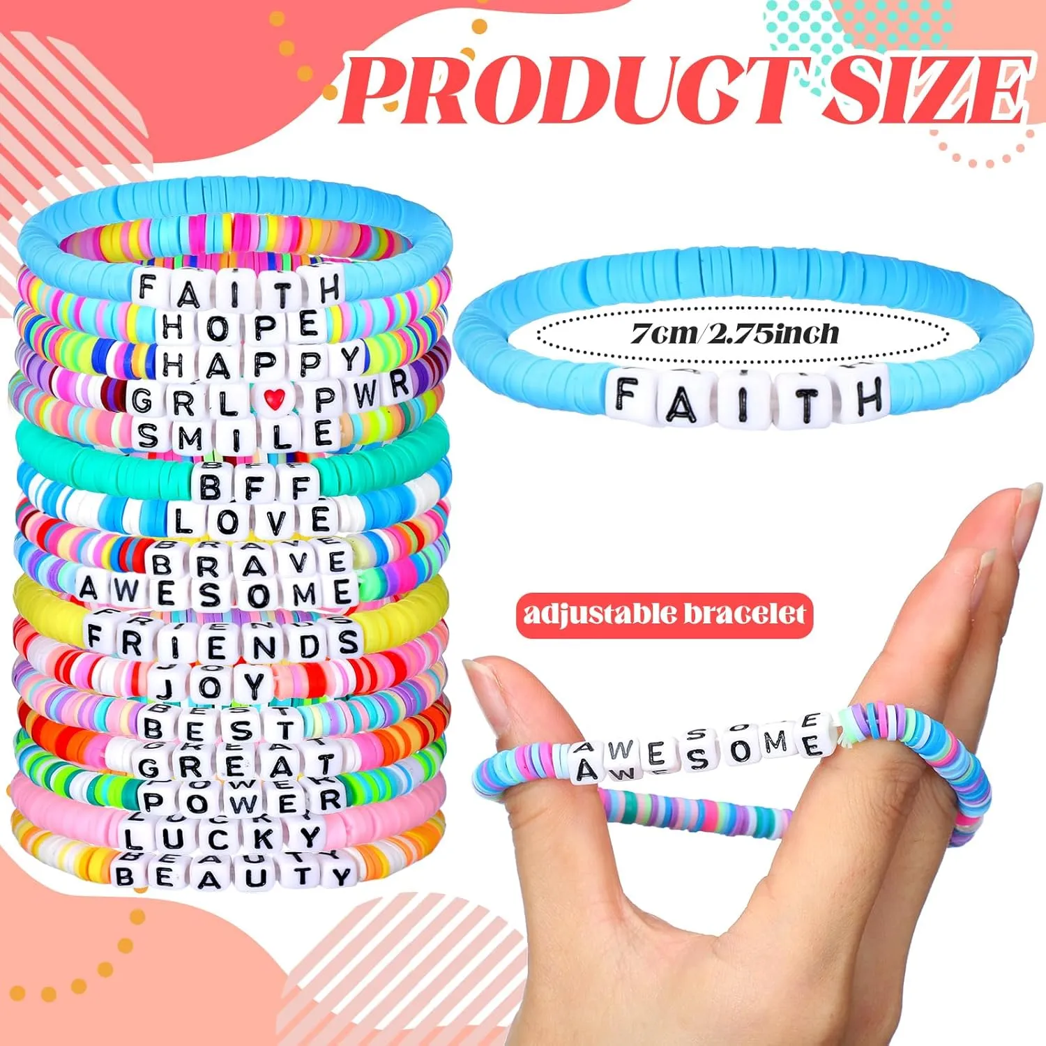 64 Pcs Friendship Bracelets Bulk Women Beaded Heishi Surfer Inspirational Stackable Bracelets Stretch Vinyl Disc Beaded for Friend Gifts Valentines Day