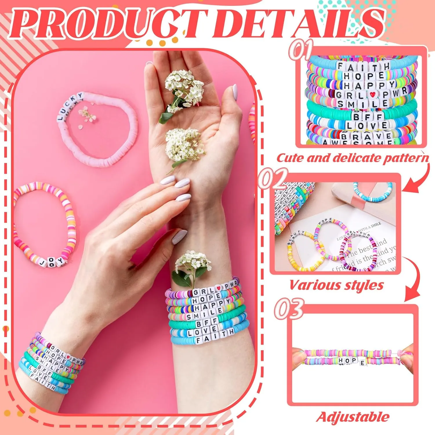 64 Pcs Friendship Bracelets Bulk Women Beaded Heishi Surfer Inspirational Stackable Bracelets Stretch Vinyl Disc Beaded for Friend Gifts Valentines Day