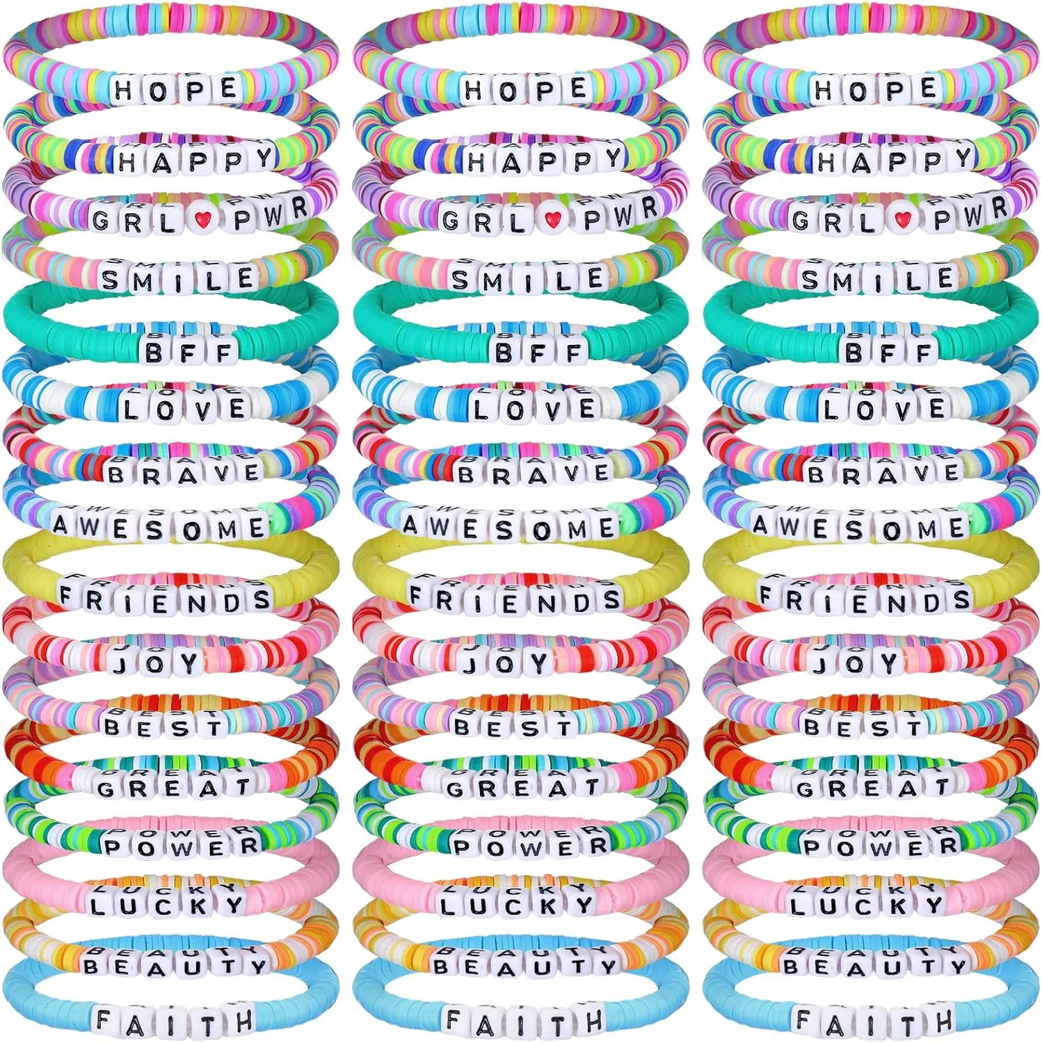 64 Pcs Friendship Bracelets Bulk Women Beaded Heishi Surfer Inspirational Stackable Bracelets Stretch Vinyl Disc Beaded for Friend Gifts Valentines Day