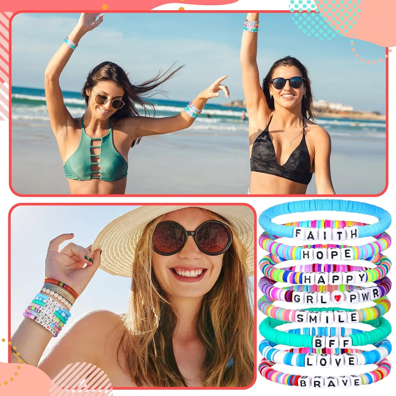 64 Pcs Friendship Bracelets Bulk Women Beaded Heishi Surfer Inspirational Stackable Bracelets Stretch Vinyl Disc Beaded for Friend Gifts Valentines Day