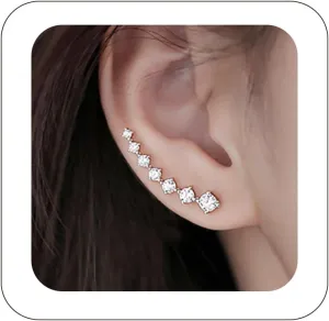 7 Sparkling Crystals Ear Cuff Wrap Climber Earrings S925 Sterling Silver Earrings Cartilage Crawler Earrings Classic Ear Climbers Earrings for Women Girls