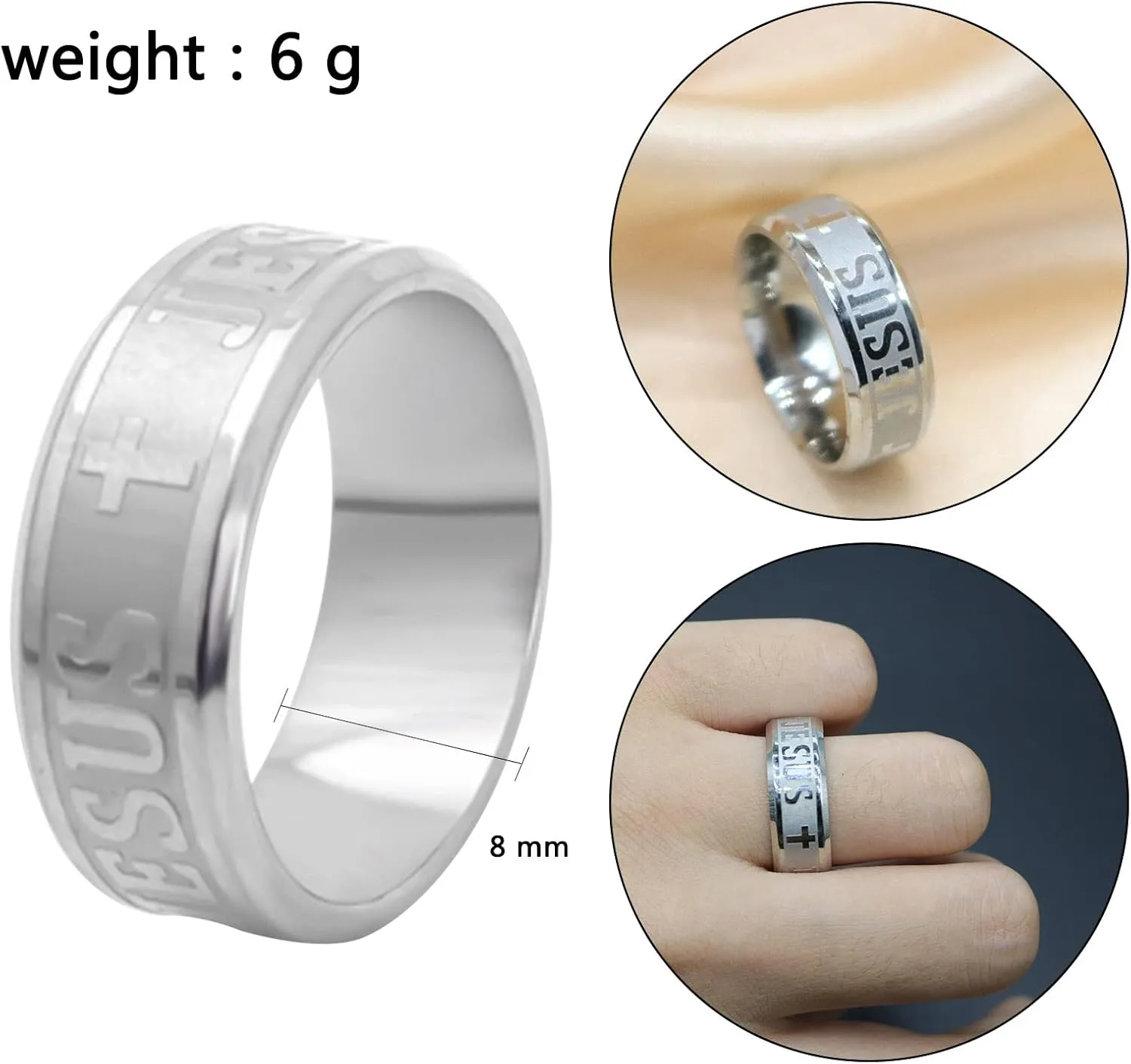 8MM Stainless Steel Christian Jesus Cross Ring Catholic Religious Amulet Band Rings Unique Jewelry Gift for Men Boys