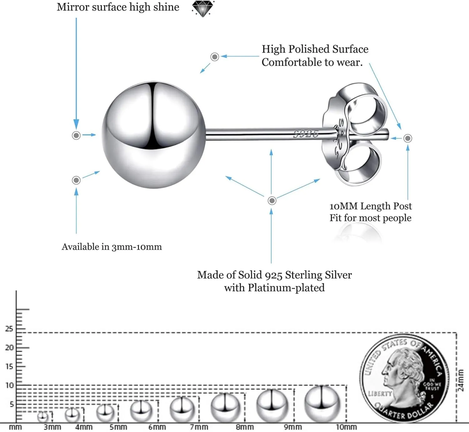 925 Sterling Silver Ball Stud Earrings Available in 3mm-10mm,Classic Round Ball Studs Hypoallergenic Jewelry