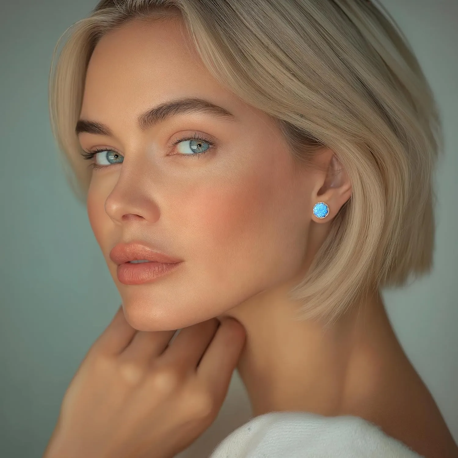 925 Sterling Silver Blue Opal Studs Earrings for Women - Sterling Silver Earrings Studs - October Birthstone Earrings - Opal Earrings for Women - Minimalist Earrings for Women