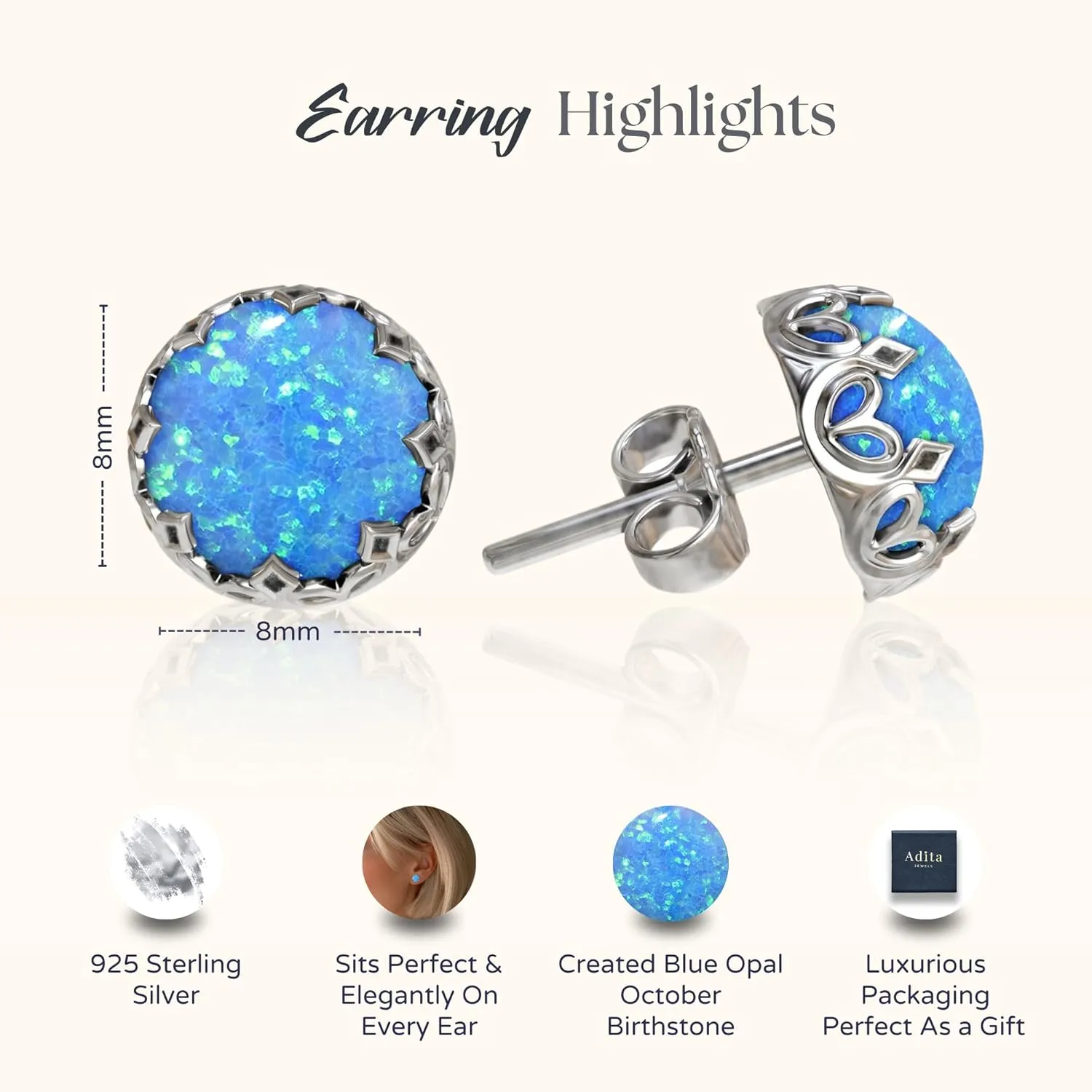 925 Sterling Silver Blue Opal Studs Earrings for Women - Sterling Silver Earrings Studs - October Birthstone Earrings - Opal Earrings for Women - Minimalist Earrings for Women