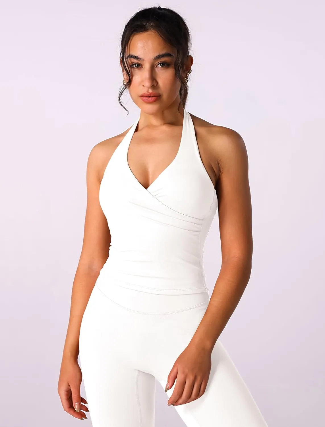 ABOCIW Women Warp Halter Workout Tank V Neck Longline Sports Bras Backless Padded Gym Yoga Tank Tops Y2k Casual Crop