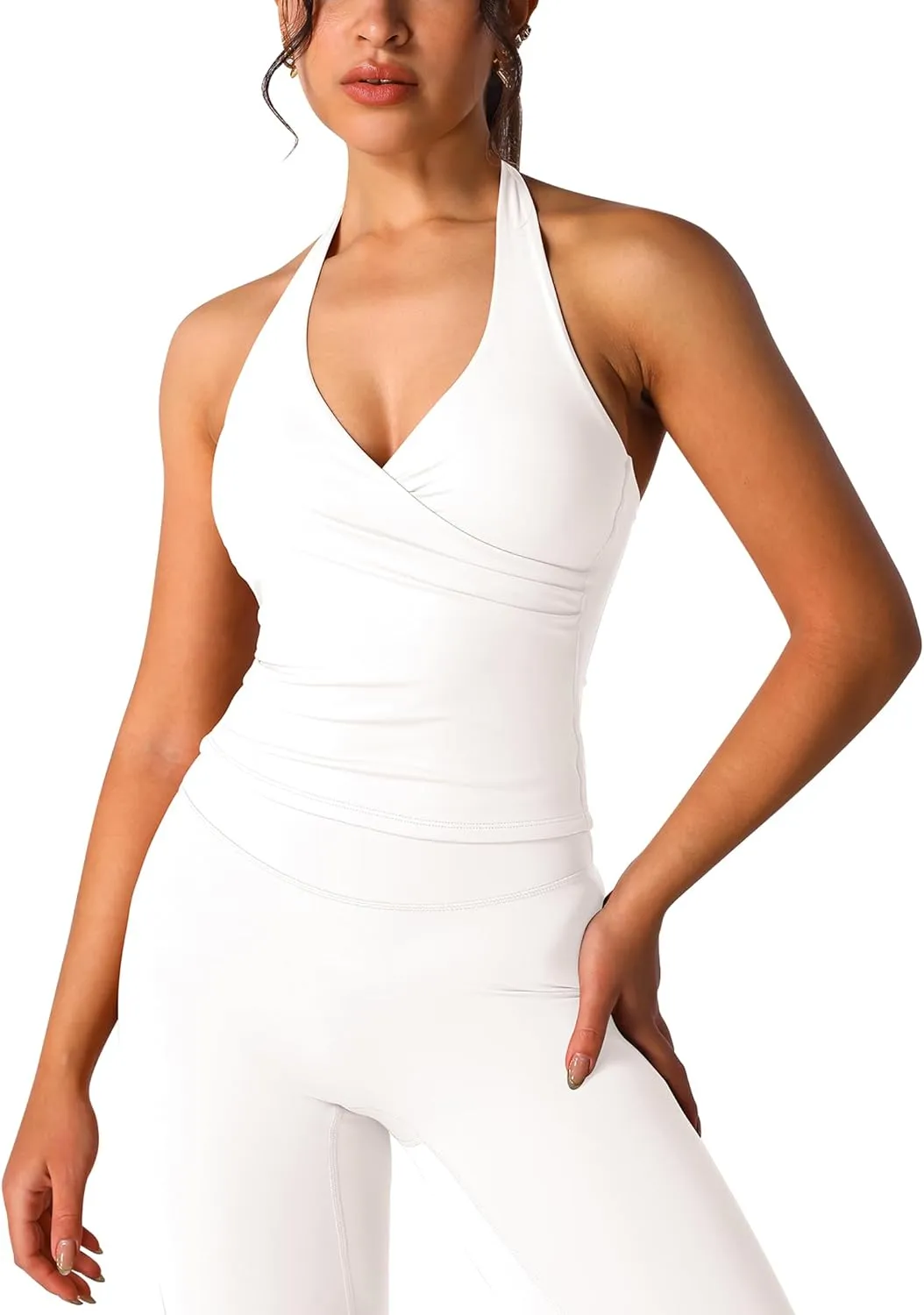 ABOCIW Women Warp Halter Workout Tank V Neck Longline Sports Bras Backless Padded Gym Yoga Tank Tops Y2k Casual Crop