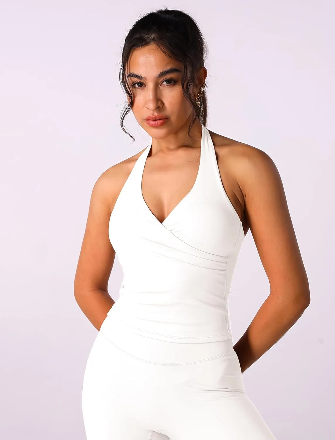 ABOCIW Women Warp Halter Workout Tank V Neck Longline Sports Bras Backless Padded Gym Yoga Tank Tops Y2k Casual Crop