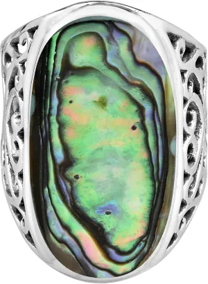 AeraVida Bold Large Oval Abalone Shell Intricate Heart Filigree .925 Sterling Silver Ring