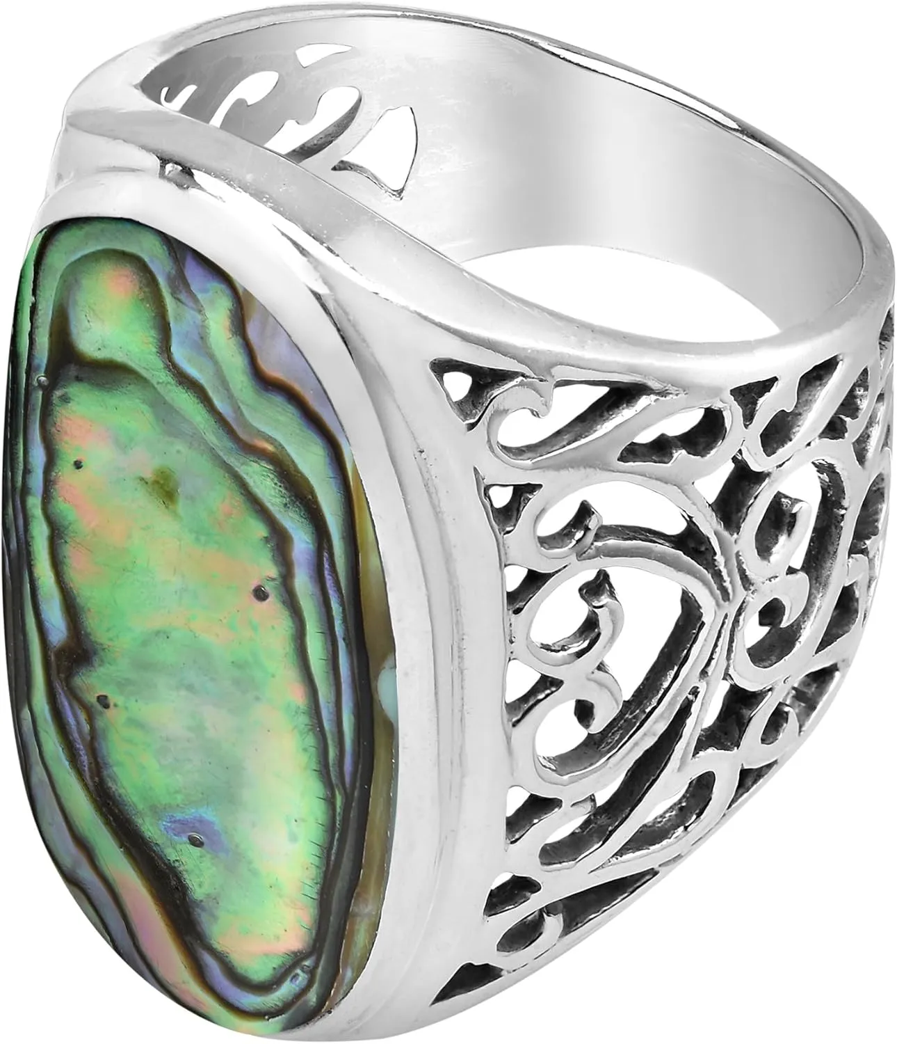 AeraVida Bold Large Oval Abalone Shell Intricate Heart Filigree .925 Sterling Silver Ring