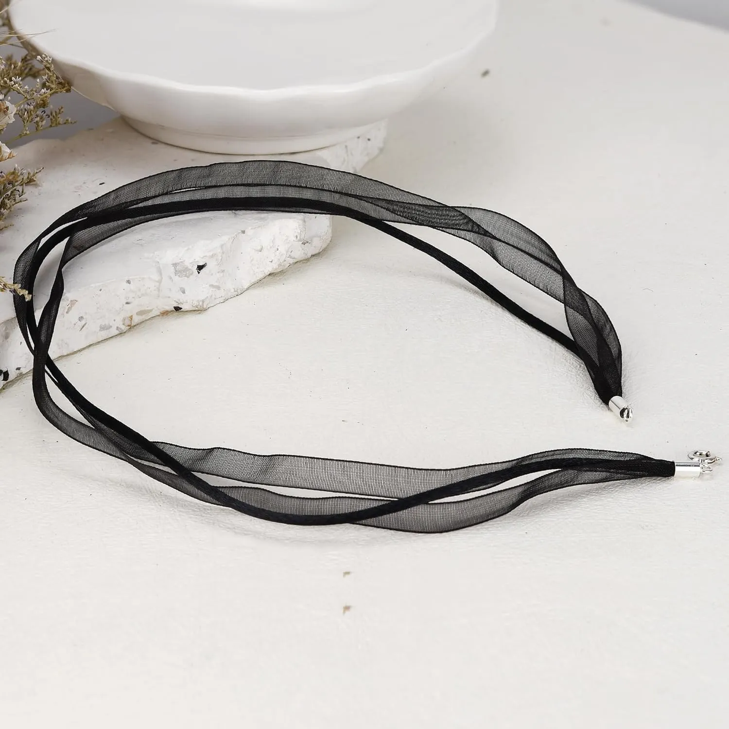 AeraVida Versatile and Chic Double Strand Ribbon Silk Choker Necklace with .925 Sterling Silver Clasp