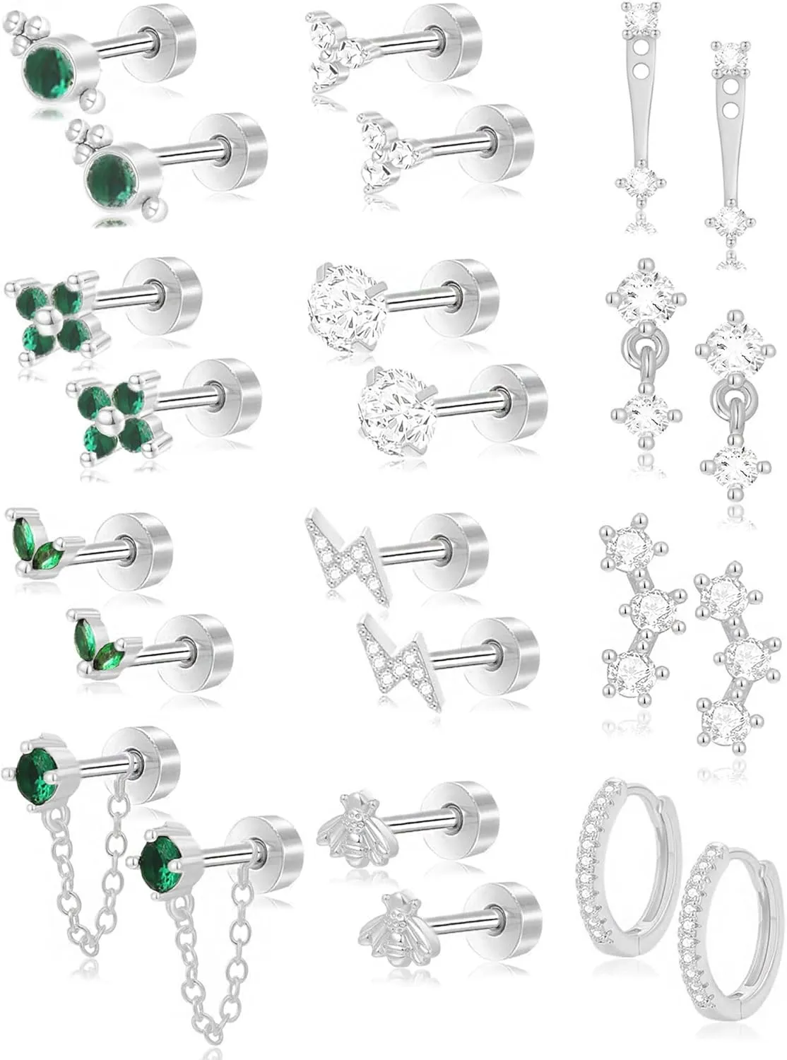 Akeoqi 12 Pairs Flat Back Stud Earrings 20G18K Gold Plated Stainless Steel Earring Emerald Green CZ Lightning Bee Flower Chain Flatback Stud Hoop Cartilage Helix Earrings Stacks for Women Men Gold Silver Tone